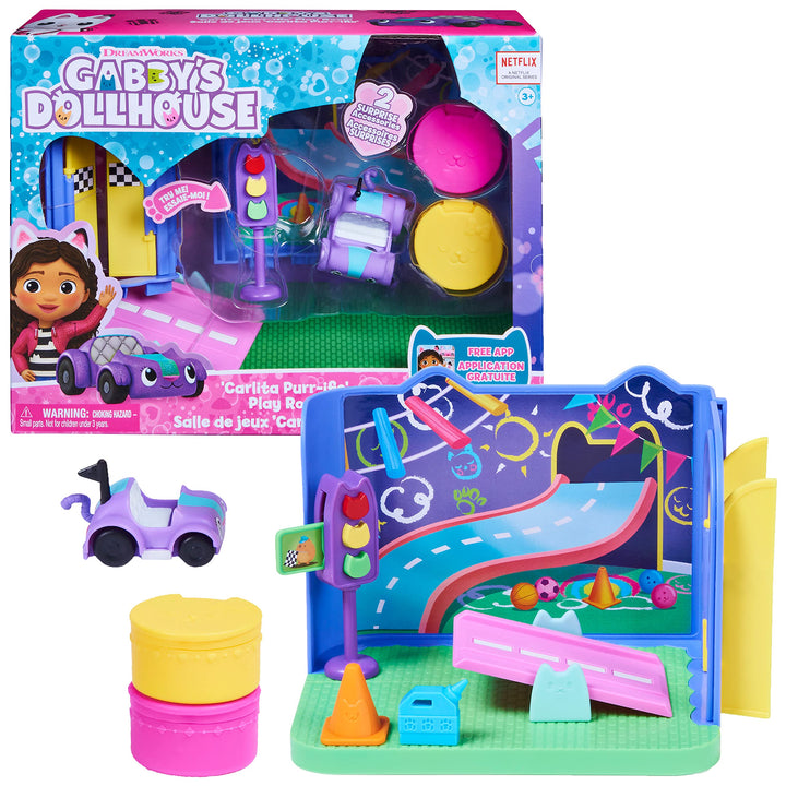 Gabby‘s Dollhouse Deluxe Raum, Purr-ific Play Room, Spielzimmer mit Carlita Spielzeugauto, 2 Möbelst