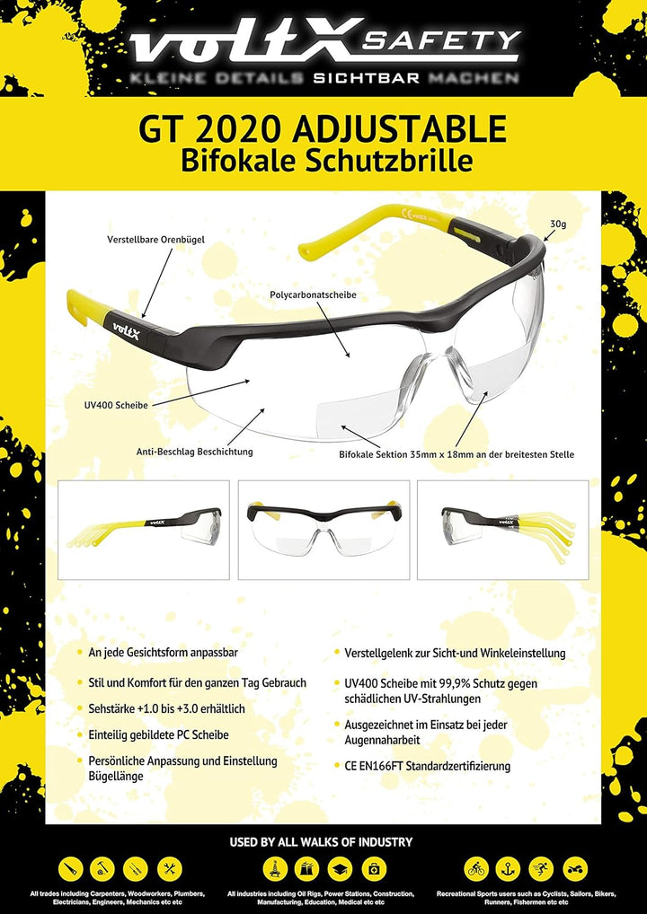 voltX 3 x GT ADJUSTABLE Bifokale Lesen Schutzbrille (KLAR, GELB, BRAUN +1.0 Dioptrie), EN166FT Zerti
