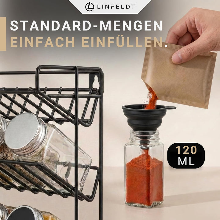 LINFELDT® Gewürzregal 28 Gläser - 144 Sticker + Stift + Schrauben zum Hängen - Gewürzregal Stehend -