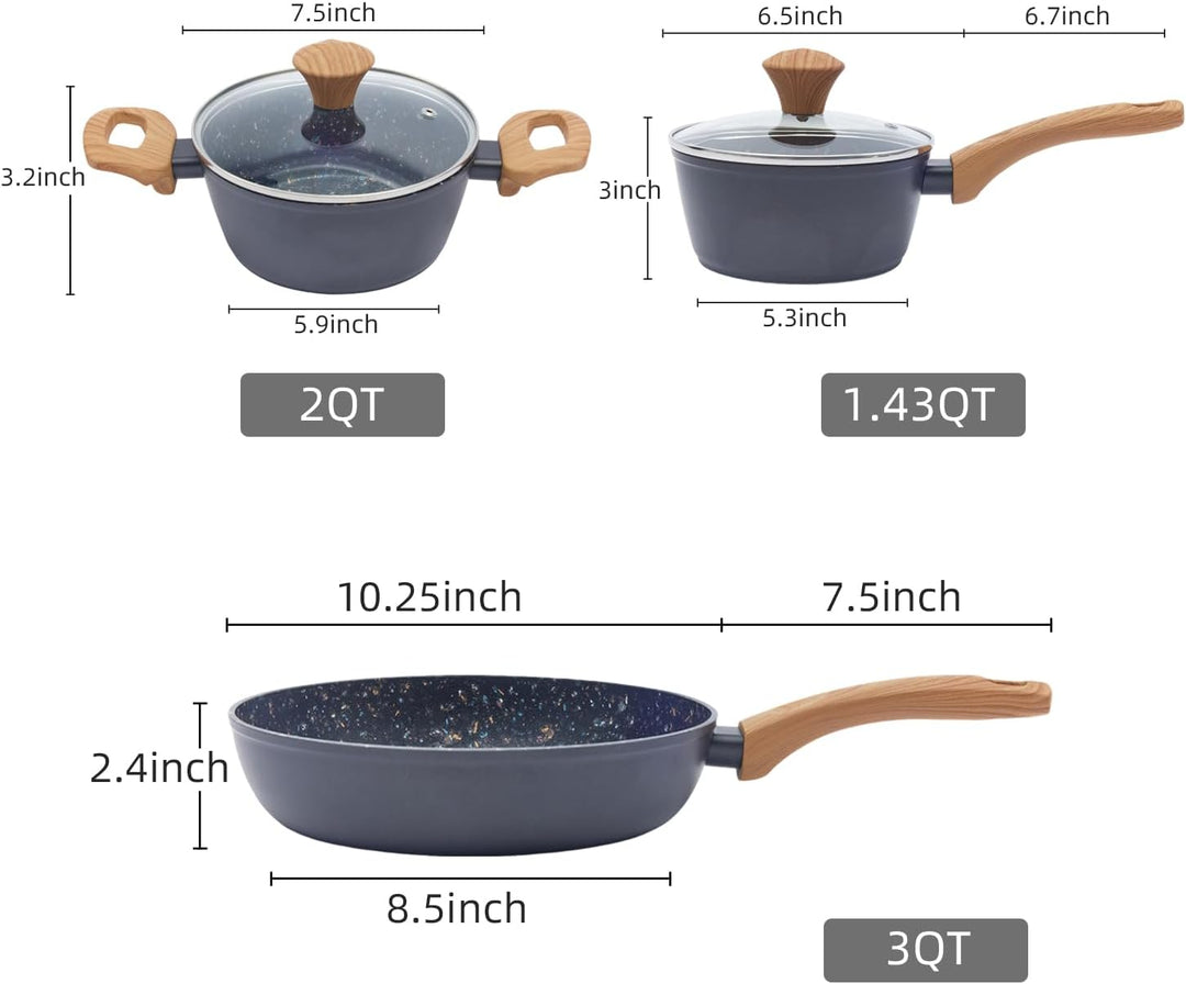 Topf & Pfanne Set grosse Bratpfanne - keramikbeschichteter Aluminiumholzgriff, alle Herdplatten (3,