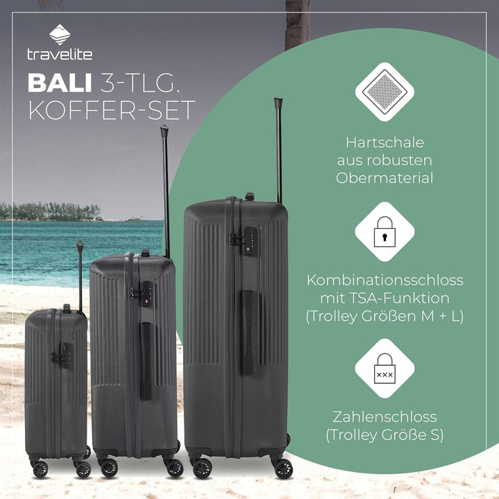 travelite 4-Rad Koffer Set 3 teilig Grössen L/M/S, Gepäck Serie BALI: ABS Hartschalen Trolleys mit T