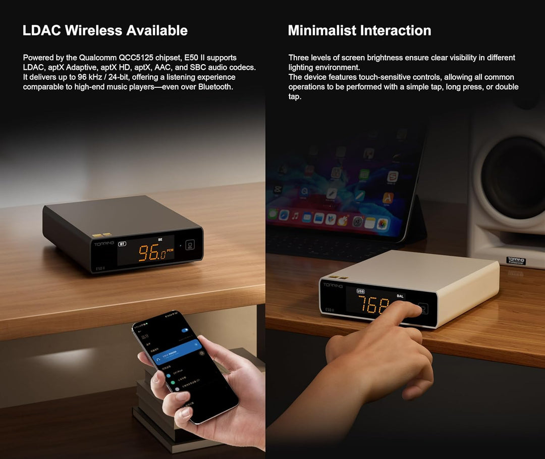 Topping E50 II Mini-HiFi-DAC AK4497S DSD512 PCM768kHz USB-DAC USB-C/Koax/Opt/BT-Eingänge RCA/TRS-Aus
