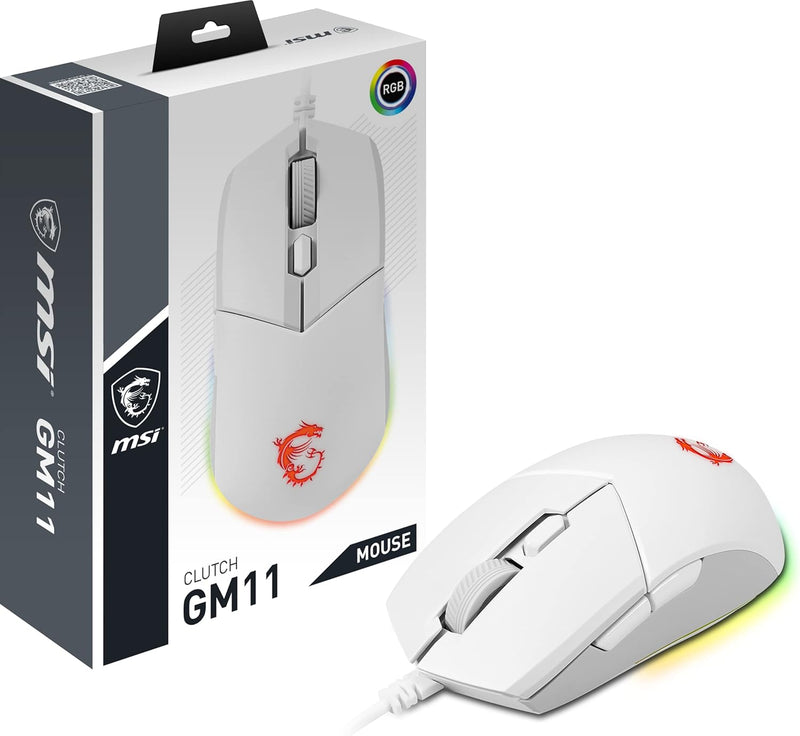 MSI CLUTCH GM11 WHITE Gaming Maus - Optischer Sensor 5.000 DPI, symmetrisch, 10Mio+ Click OMRON-Swit