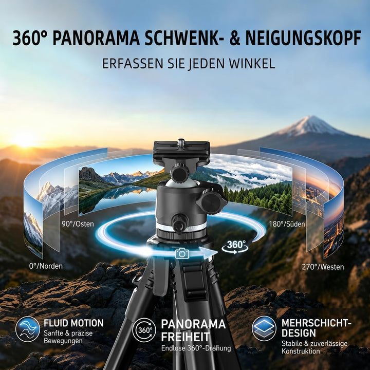 183 cm Kamera stativ mit 360° Kugelkopf, Leichtes Stativ für Smartphone mit Funkfernbedienung, Kompa