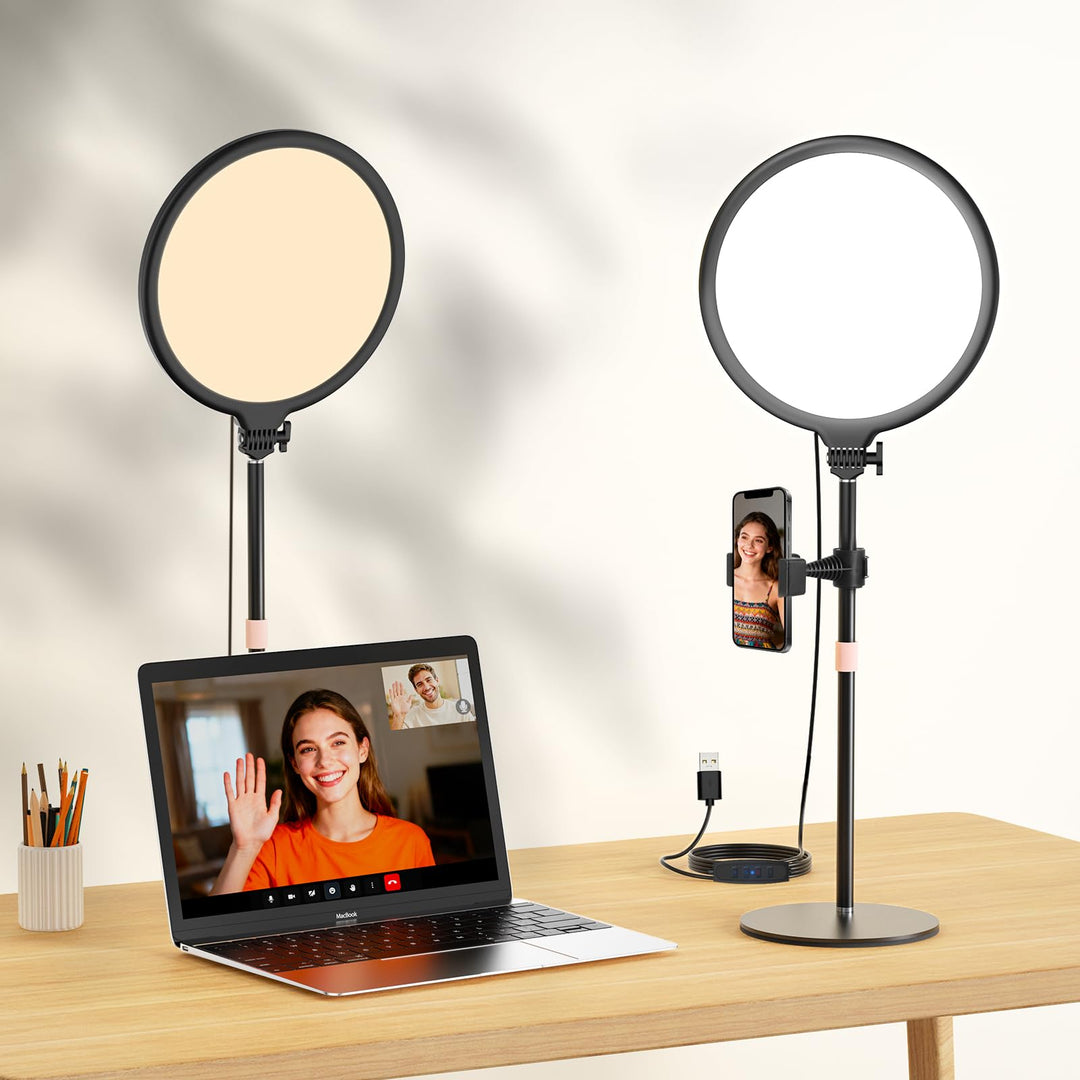LUXCEO Key Light,10" Selfie Licht Set mit Ständer und Telefonhalter,10W 3000-6000K Dimmbares Vollbil
