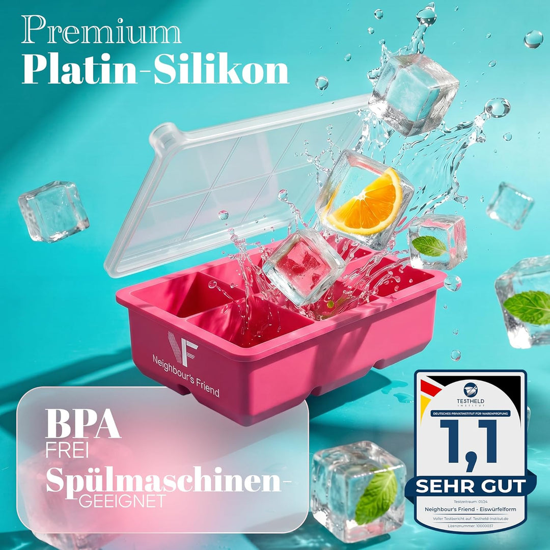 Neighbour’s Friend® Pinke Eiswürfelform XXL – Stylische Eiswürfelform aus Platinsilikon mit Deckel –