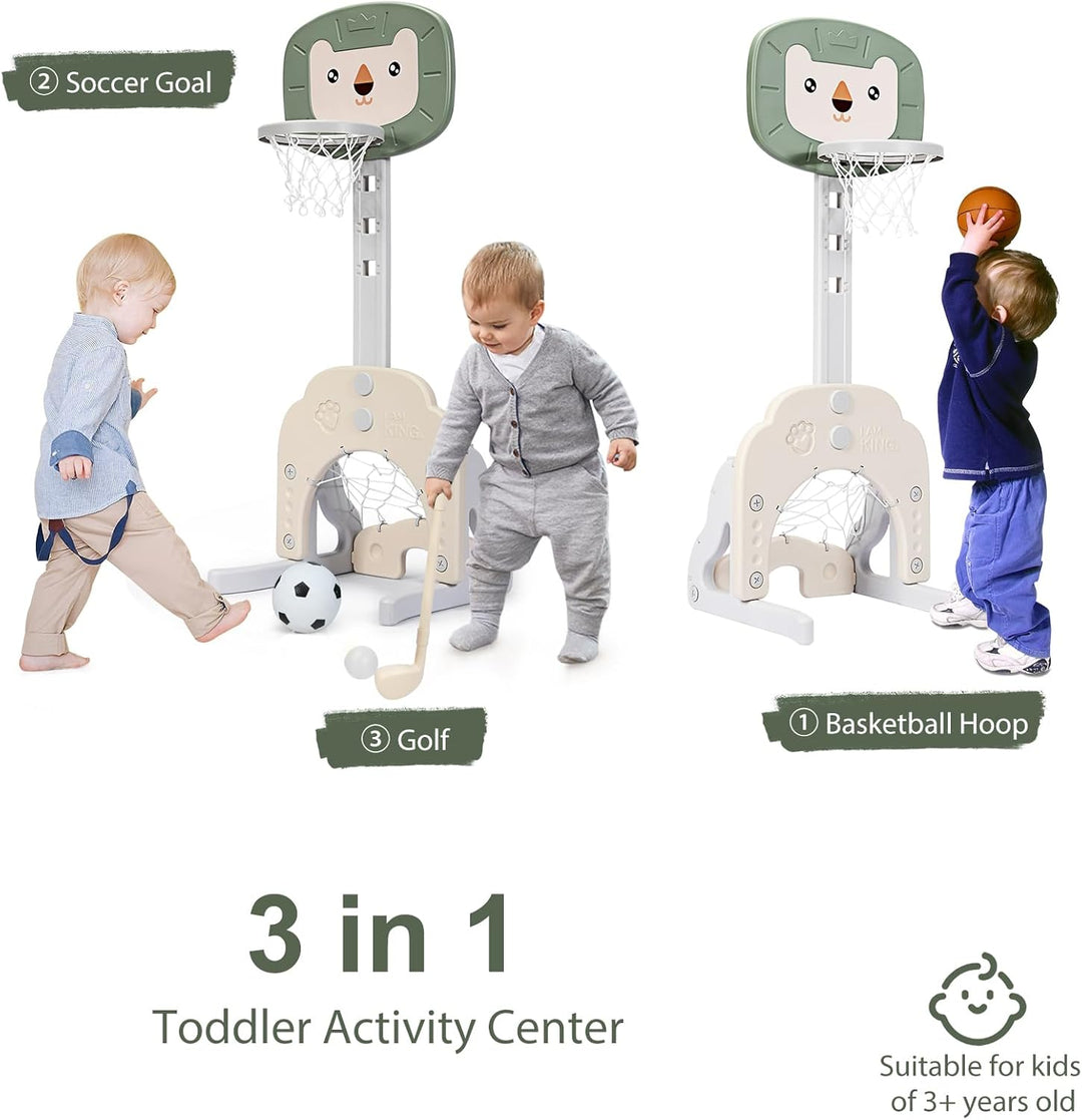 HOMASIS 3 in 1 Kinder Basketballkorb Set, multifunktionaler Basketballständer mit Fussballtor & Golf