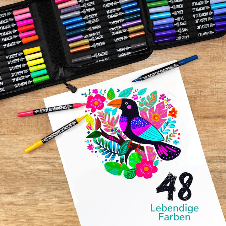 Zenacolor 48 Acrylstifte für Steine wasserfest mit Doppelspitze (feine Spitze und Pinsel) - Acrylsti