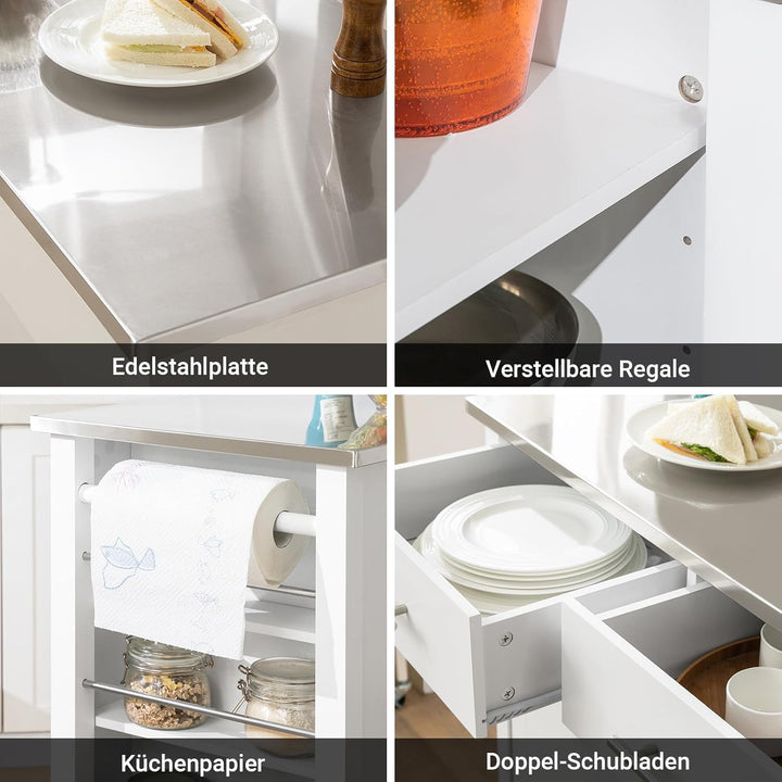 SoBuy FKW108-W Design Küchenwagen mit Edelstahlplatte Kücheninsel mit Seitenregal Küchenschrank Roll