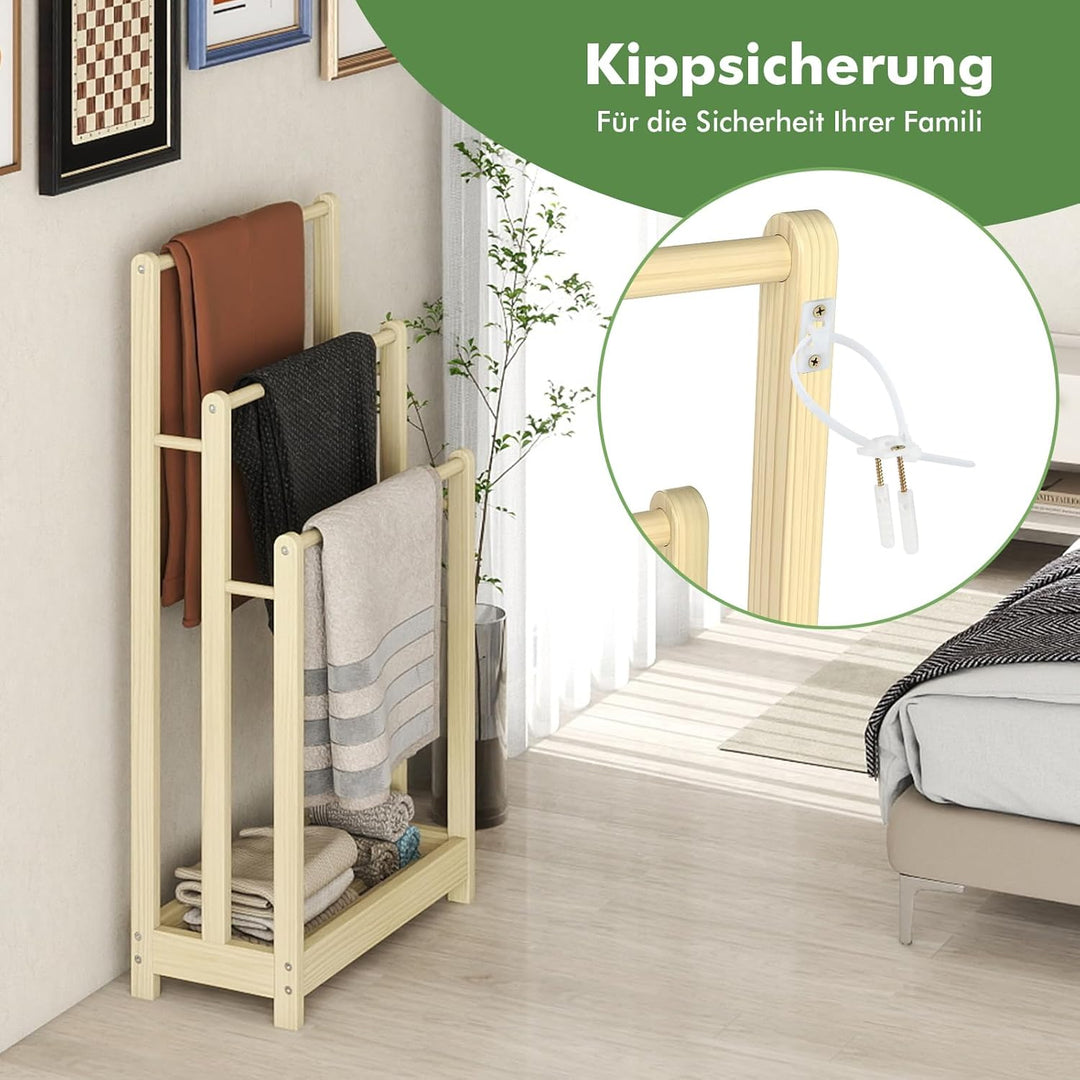 COSTWAY Handtuchständer freistehend, Handtuchhalter Holz mit 3 Handtuchstangen & unterer Ablage & Ki