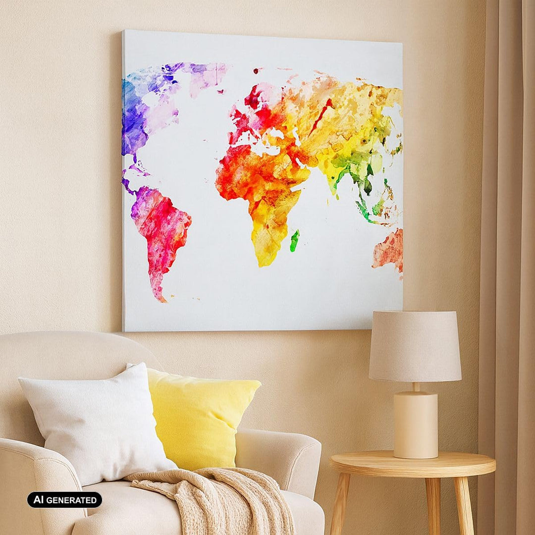 Bilder auf Leinwand 70x70cm Leinwandbild Welt Karte Bunt Kontinente Gross Wanddeko Bild Schlafzimmer