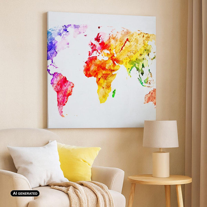 Bilder auf Leinwand 70x70cm Leinwandbild Welt Karte Bunt Kontinente Gross Wanddeko Bild Schlafzimmer