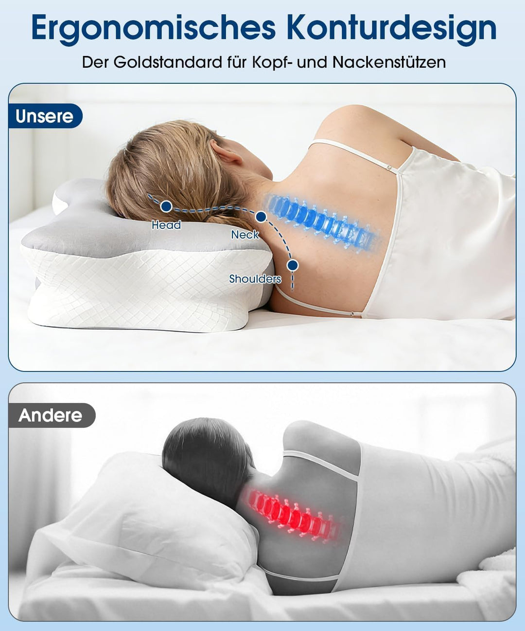 EASICUTI Nackenkissen Kopfkissen, Ergonomisches Kissen mit 2 kühlenden Waschbaren Bezügen Memory Foa