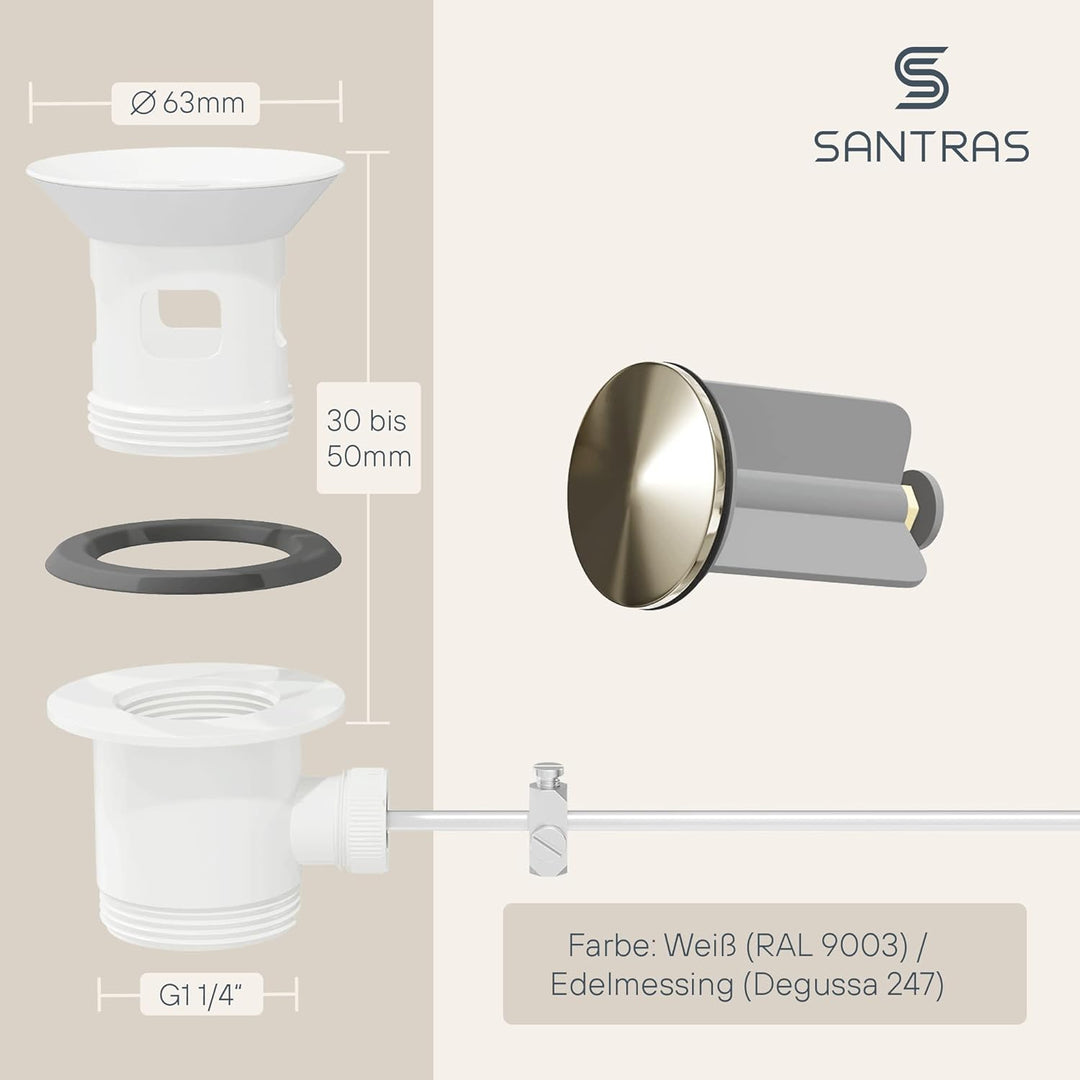SANTRAS® Exzenter Ablaufgarnitur Premium für Waschtisch mit Schutz vor Überlauf in Weiss/Gold – Komp