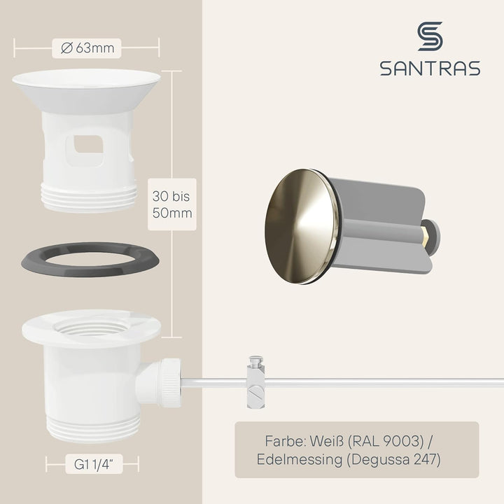 SANTRAS® Exzenter Ablaufgarnitur Premium für Waschtisch mit Schutz vor Überlauf in Weiss/Gold – Komp
