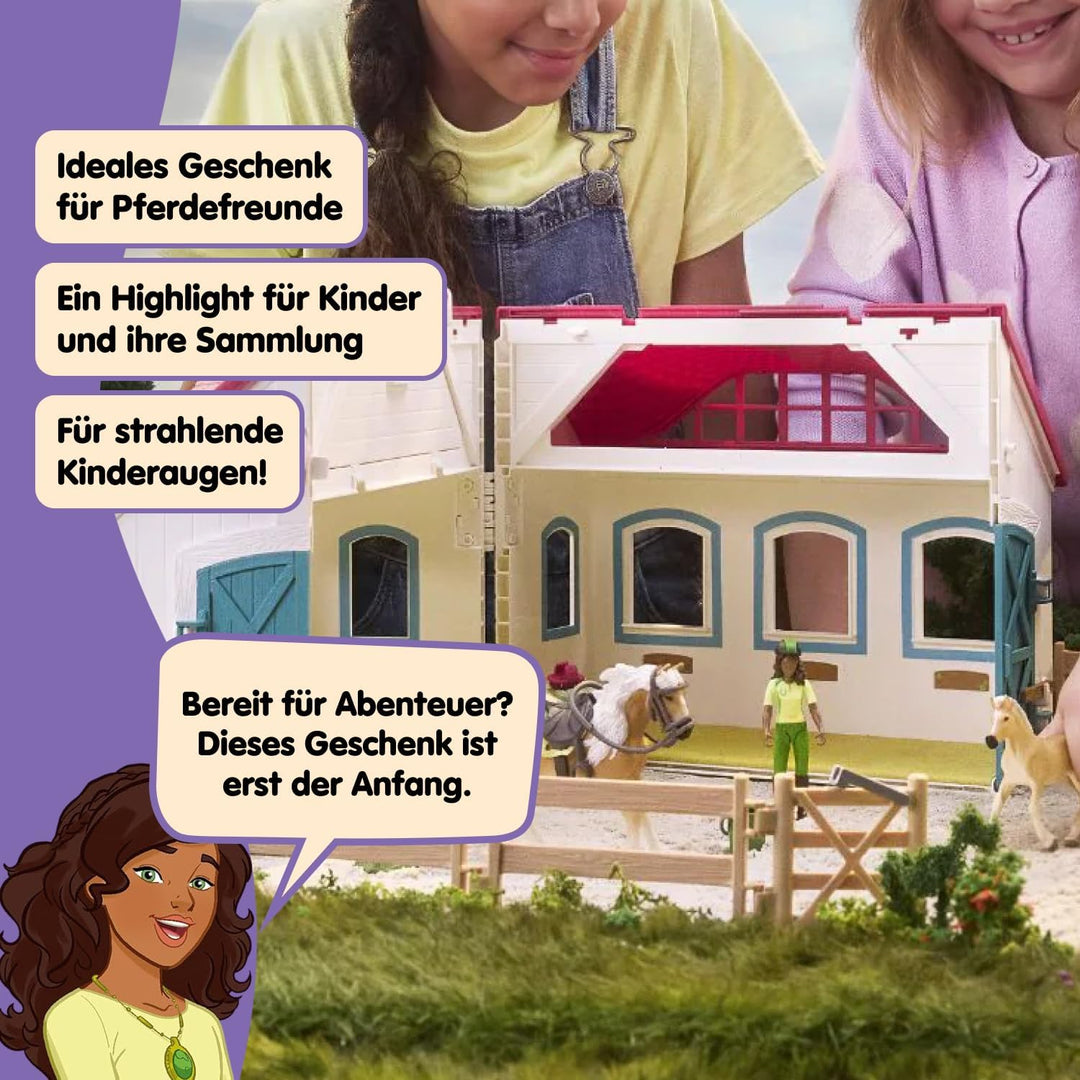 SCHLEICH Horse Club | Offenstall Kleines Hufeisen 42703 | Set inkl. Stall, 2 Pferde, bewegliche Mädc