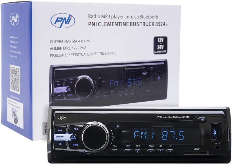 Radio MP3 Player Auto PNI Clementine Bus LKW 8524BT 4x45w, RDS, 12V / 24V 1 DIN cu SD, USB, AUX, RCA