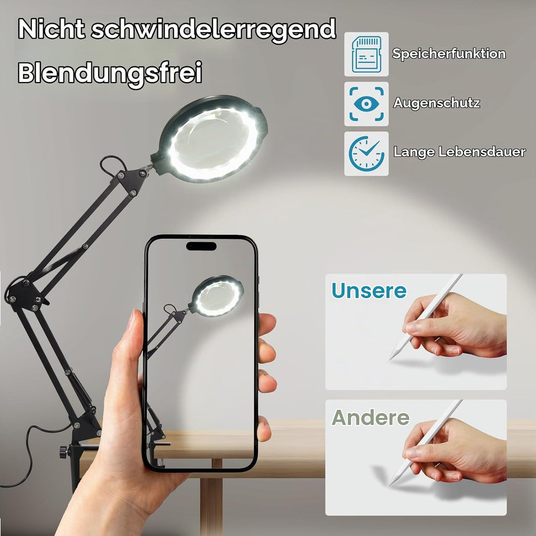12 Fach Lupe mit Licht und Ständer, 5.2" Lupe mit 5 Farbmodi 10 dimmbare Helligkeit, 2-in-1-Schreibt
