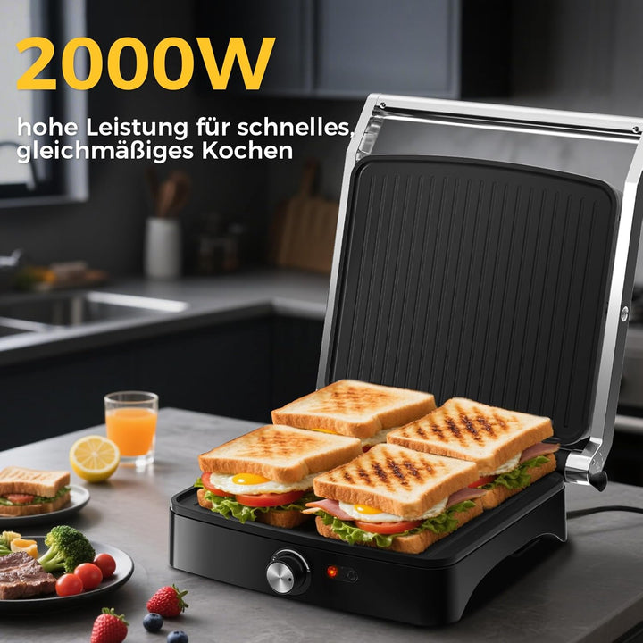 YASHE 2000W Kontaktgrill, Panini Grill mit 4 Scheiben, 180° Öffnung, Antihaftplatten, Temperatur ein