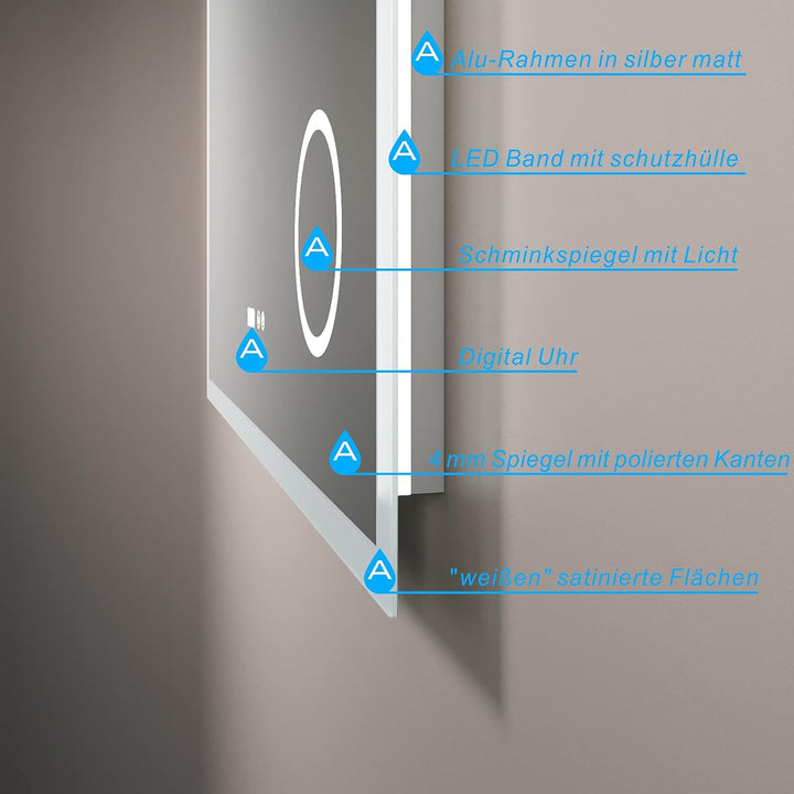 Badezimmerspiegel mit Licht Schminkspiegel Digital Uhr 120x60 cm Badspiegel mit LED Beleuchtung Kalt