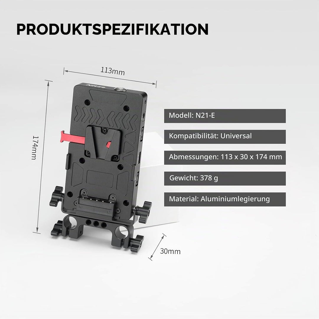Nitze V Mount Battery Plate mit 15mm Stangenklemme, V Mount Batterieplatte mit USB-A/USB-C/D-Tap/DC-