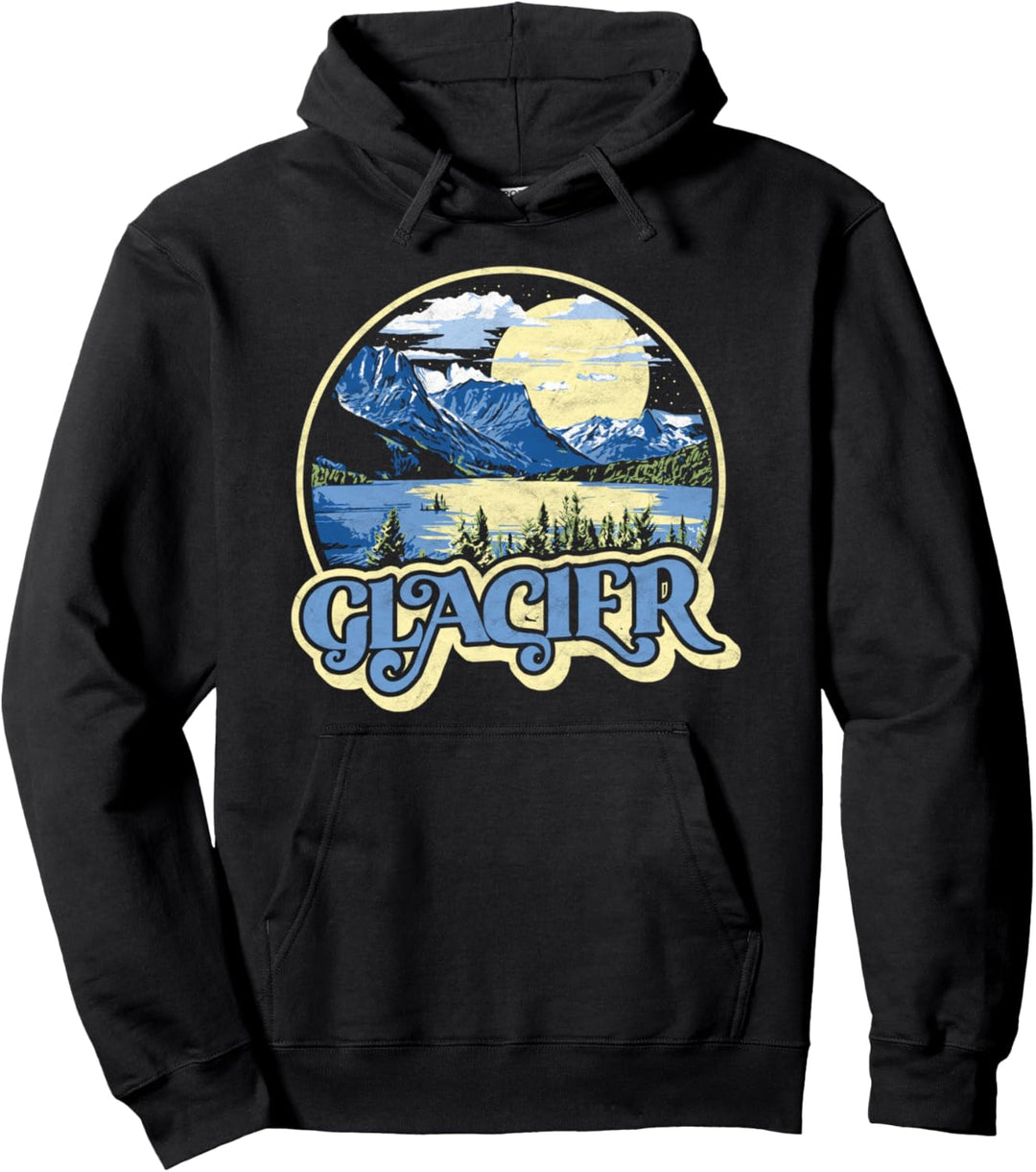 Glacier National Park Vintage Distressed Retro 80s Sketch Pullover Hoodie