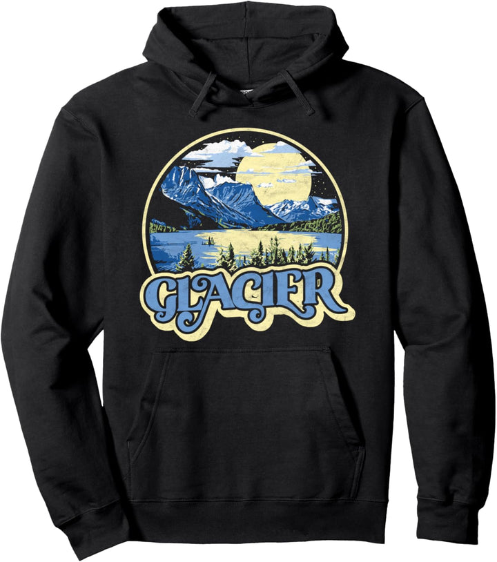 Glacier National Park Vintage Distressed Retro 80s Sketch Pullover Hoodie