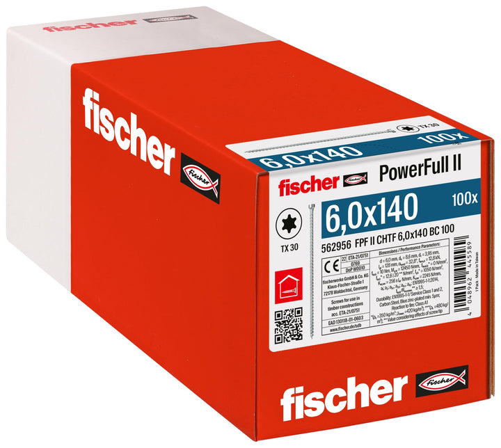 fischer PowerFull II 6,0 x 140, Premium Vollgewindeschraube (100 Stk.) mit innovativer Spitzengeomet