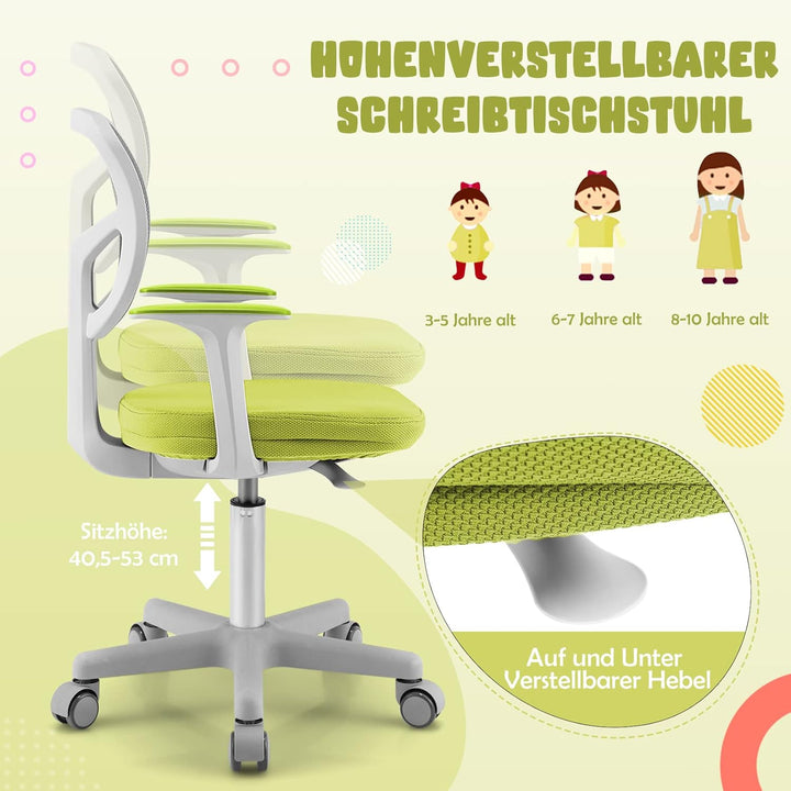 COSTWAY 360° Drehbarer Kinderschreibtischstuhl, 80-91,5 cm Höhenverstellbarer Jungendstuhl mit Rücke