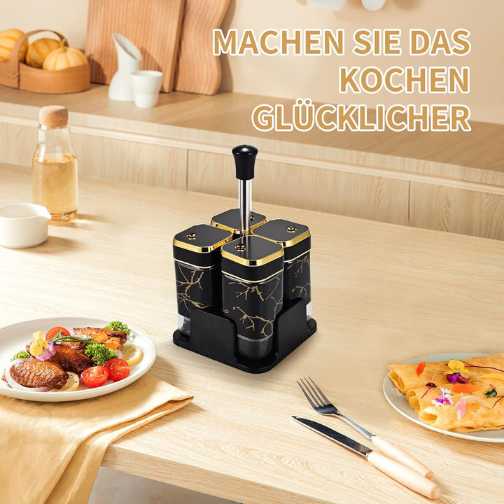 Miorkly Gewürzgläser Eckig - 4er Set mit Sockel,120ML Gewürzstreuer Set mit Schwarz Drehdeckel,Hochw