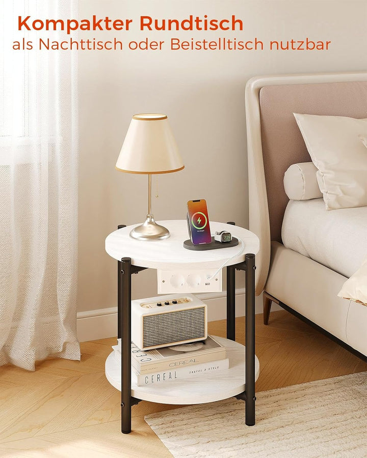 IRONCK Beistelltisch rund, Couchtisch mit Steckdose, Kleiner Tisch Holz, Wohnzimmertisch 2 Ablagen,S