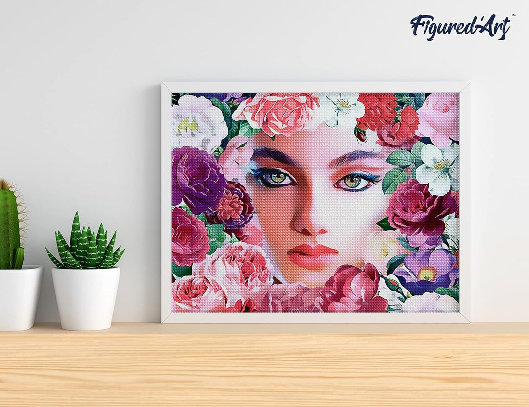 Figured'Art Diamond Painting Erwachsene 40x50cm Ganze Leinwand gerollt Gesicht und Blumen 5D Bilder