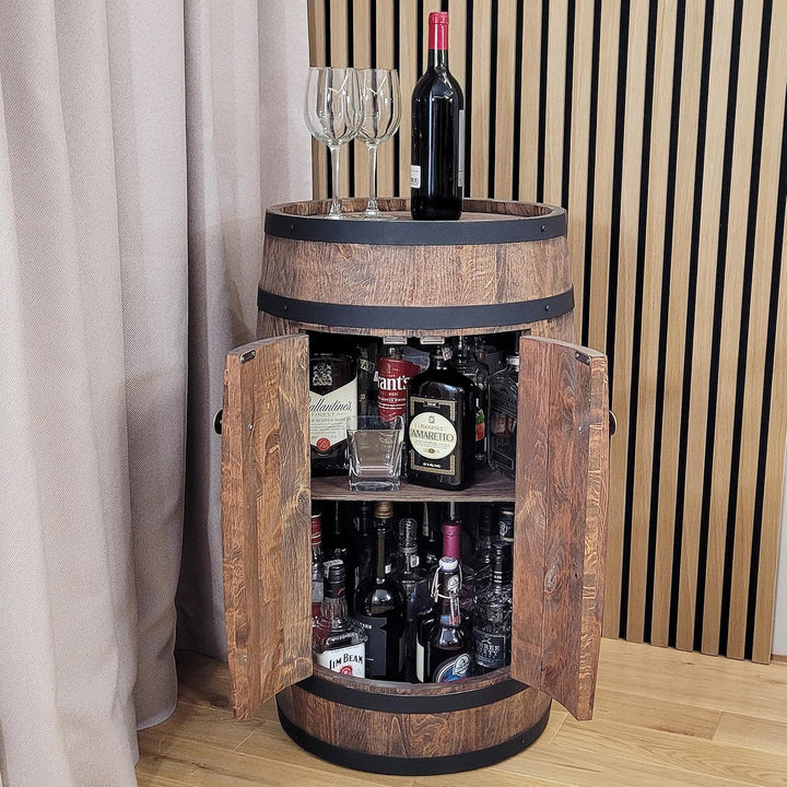 weeco Fassbar mit Tür und Weinhalter - Weinregal. Fass Hausbar Weinrack 80 cm. Rustikaler deko Barsc