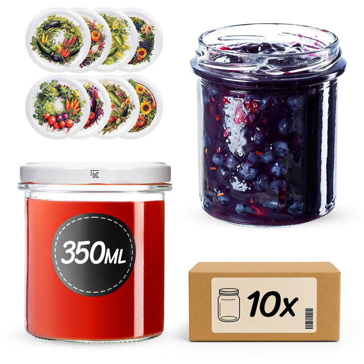 KADAX 10er Set Marmeladengläser 350ml TO82 Gemüsegarten, Einmachgläser Vorratsgläser Mason Jar mit S