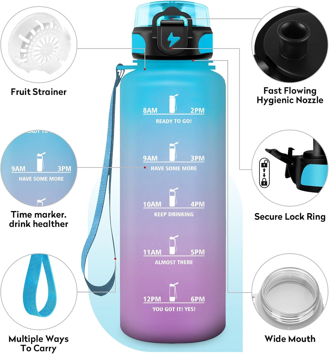 Trinkflasche 500ml/1L, Trinkflasche mit Zeitmarkierung und Filter, Auslaufsicher Wasserflasche Kohle