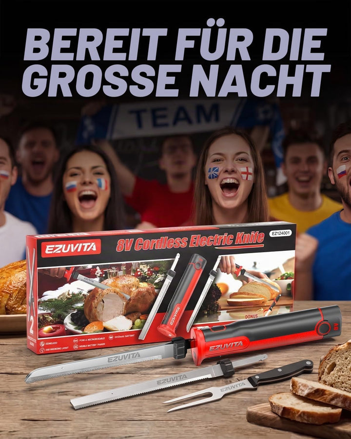 8V Elektromesser, Kabelloses Küchenmesser mit 2 Edelstahlklingen, Elektrisches Messer mit Gabel, aus