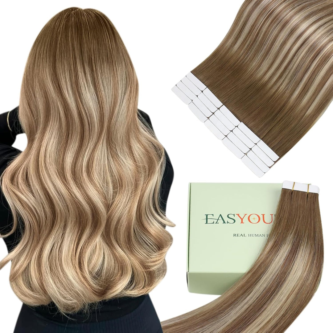Easyouth Tape on Extension Echthaar Haarverlangerung Tape in Echthaar Farbe Darker Brown Mix Mittelb