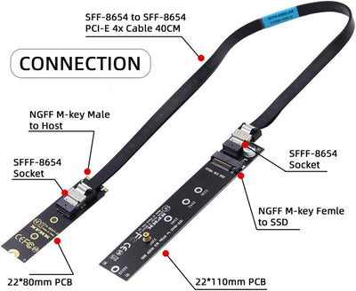 NFHK NGFF M-Key NVME Stecker auf Buchse Verlängerungskabel 40cm mit SFF-8654 Stecker für Mainboard S