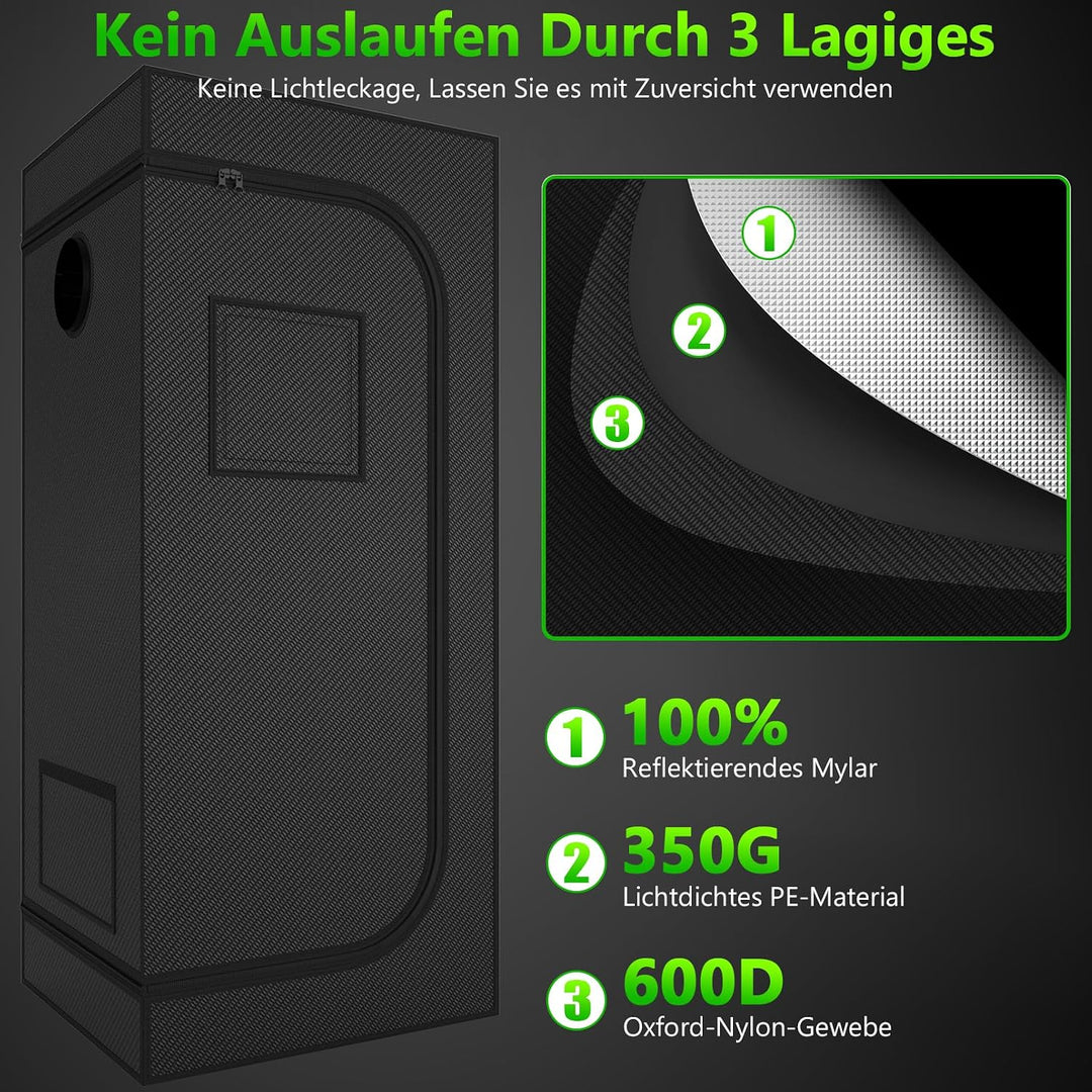 Growzelt Komplettset 120x120x200cm Grow Tent Kit mit 200W LED Vollspektrum Grow Lampe Dimmbar, GrowZ