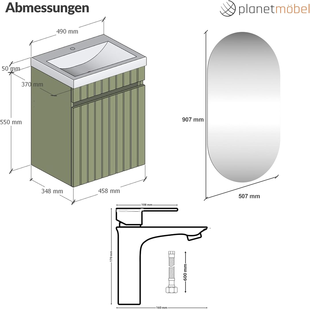Planetmöbel Cosmia Badmöbel Set Waschtisch mit Unterschrank 50 x 60 x 35 cm Mint Grün, Spiegel mit B