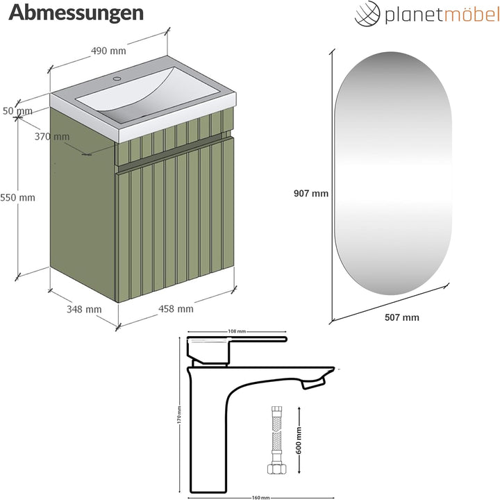 Planetmöbel Cosmia Badmöbel Set Waschtisch mit Unterschrank 50 x 60 x 35 cm Mint Grün, Spiegel mit B