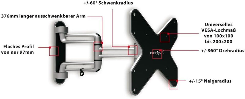 PureMounts TV Wandhalterung PM-Style-37C - Flach, vollbeweglich, neigbar, kippbar, schwenkbar für Fe