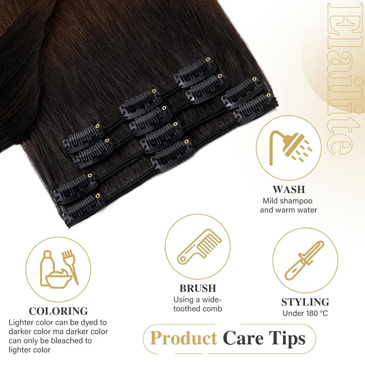 Elailite Extensions Echthaar Clip in 8 Tressen Glatt #1BT4 Naturschwarz ombre Mittelbraun, Haarverlä
