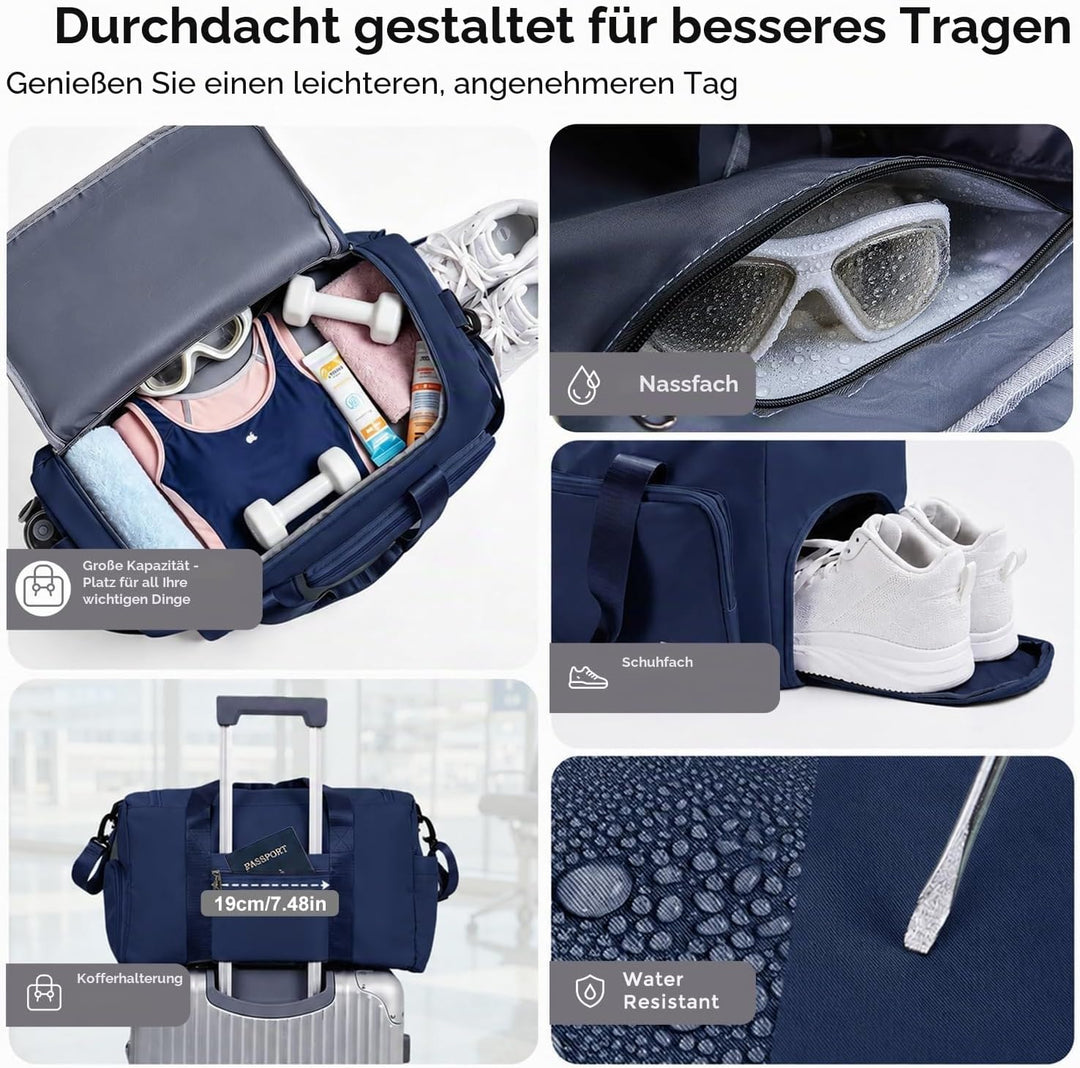 FIORETTO 35L Damen Sporttasche Faltbare Reisetasche mit Schuhfach und Nassfach, Wasserabweisende Wee