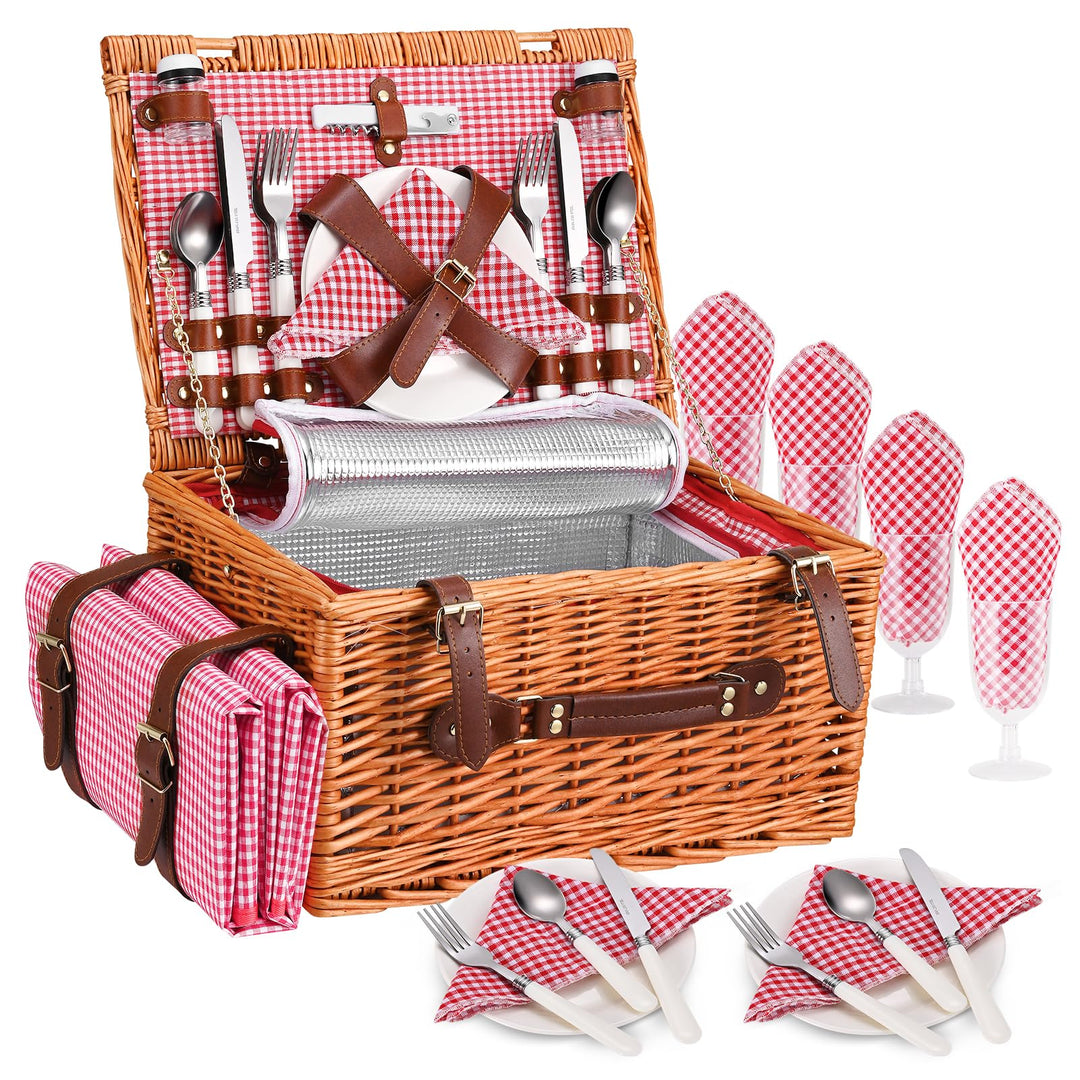 Premium Picknickkorb-Set für 4 Personen, Weidenkorb mit Kühlfach, Wasserdichter Decke, Tellern, Gläs