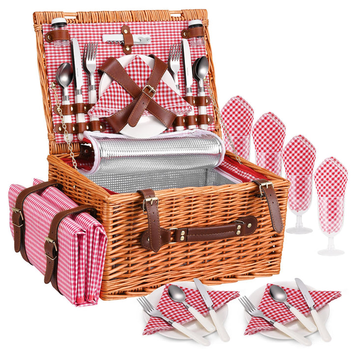 Premium Picknickkorb-Set für 4 Personen, Weidenkorb mit Kühlfach, Wasserdichter Decke, Tellern, Gläs