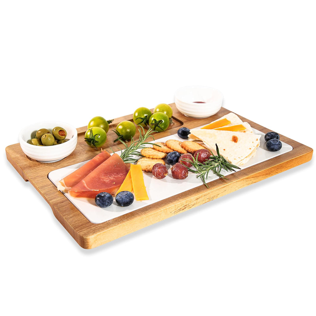 Schieferplatte Servierplatte Für Steak, Akazienholz Servierplatte mit 2 Dipschale und Fächern | Rust