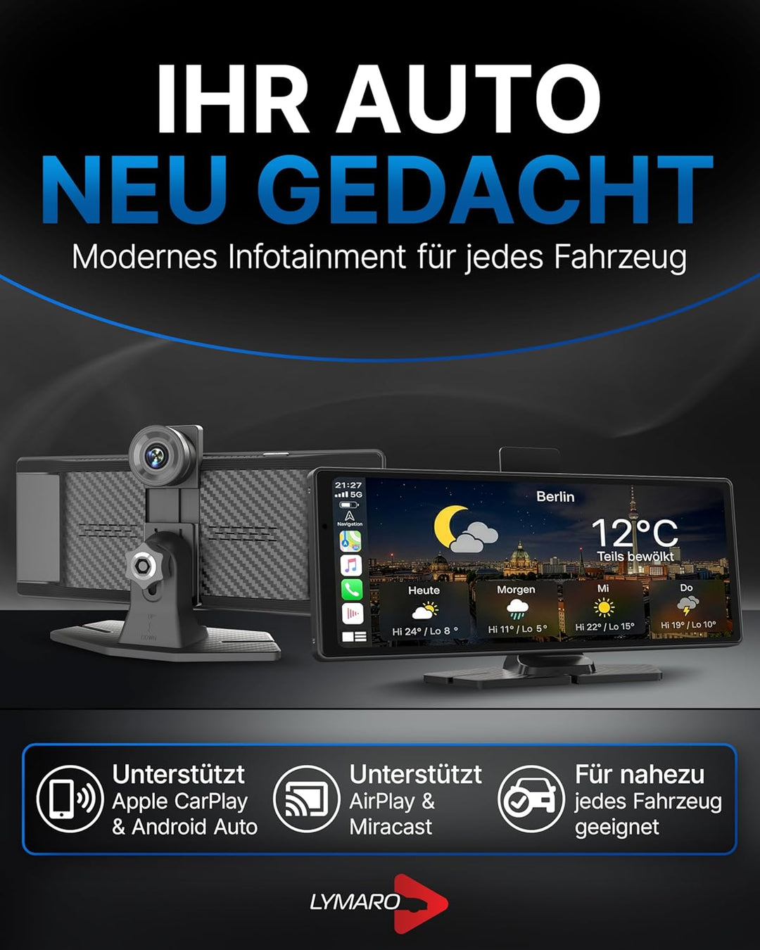 Wireless CarPlay Display & Android Display fürs Auto, tragbares Apple Auto CarPlay Display & Android