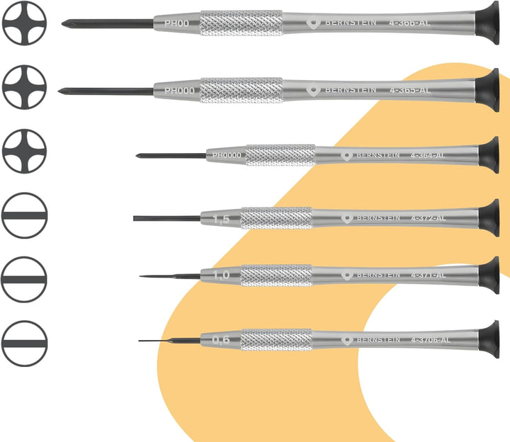 BERNSTEIN Uhrmacher-Mikro-Schraubendreher Satz 6-tlg Schlitz 0,6/1,0/1,5 mm & Kreuzschlitz PH0000 /
