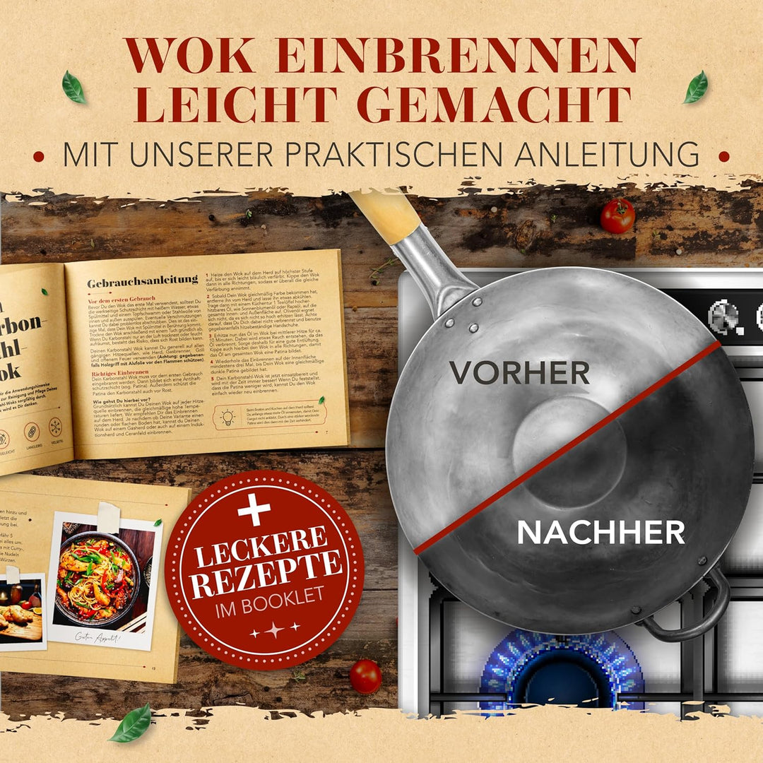KRUSTENZAUBER 30cm Wokpfanne Induktion flacher Boden - Traditionelle Stahlwokpfanne mit Wokwender u.